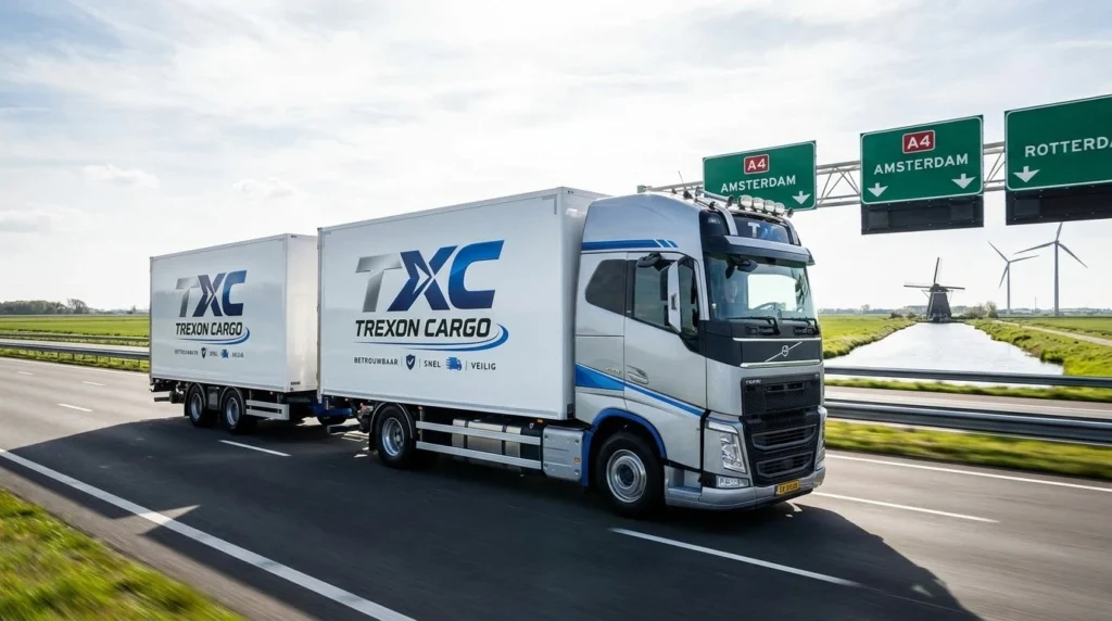 Trexon Cargo vrachtwagen op de A4 richting Amsterdam en Rotterdam